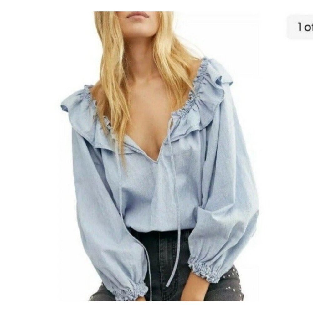 NEW Free People Chambray Ruffle Peasant blouse Top SMALL blue Cottagecore